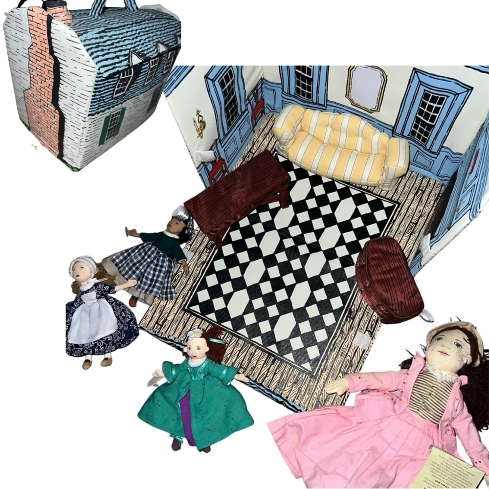 Vintage Colonial Williamsburg Cloth Fabric Dollhouse with Furniture and Dolls